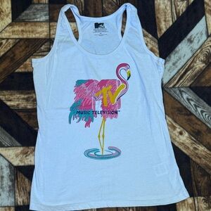 MTV logo White Tank Top with Vibrant flamingo Graphic